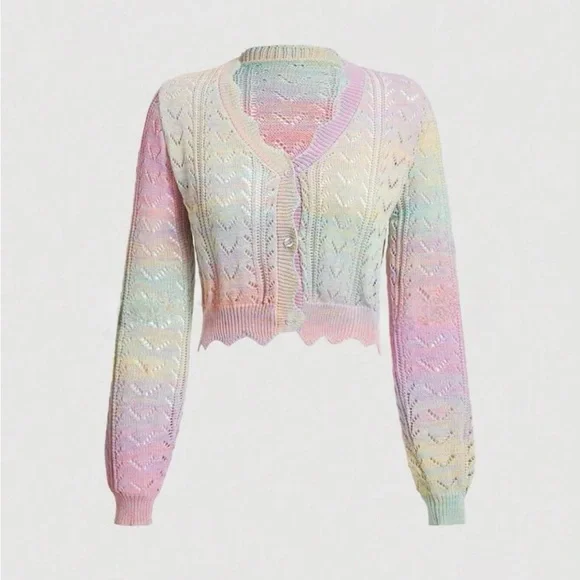 Dainty Multi Cable Knit Tie Dye Ombre Pointelle Cardigan Mult Sizes New - Picture 1 of 6